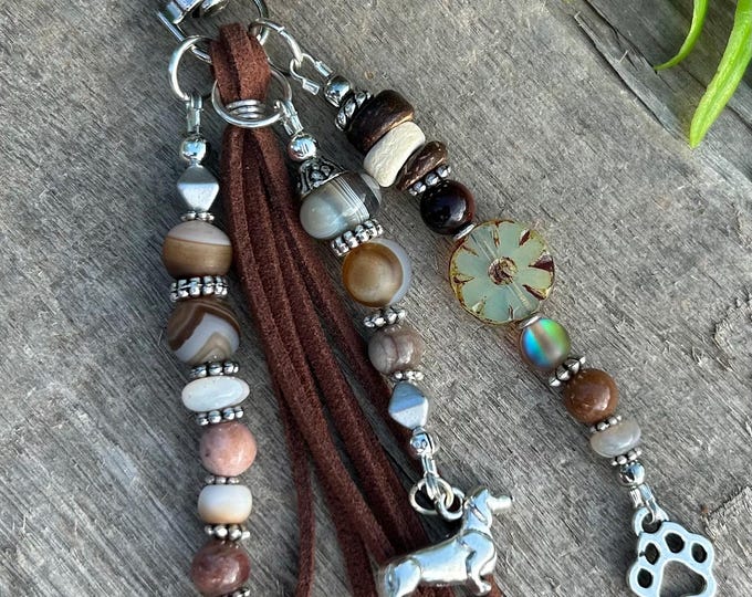 Paw Print & Dachshund/Doxin Beaded Keychain - Earthy - Bag Charm's - Handbag Accessory - Dog Parent