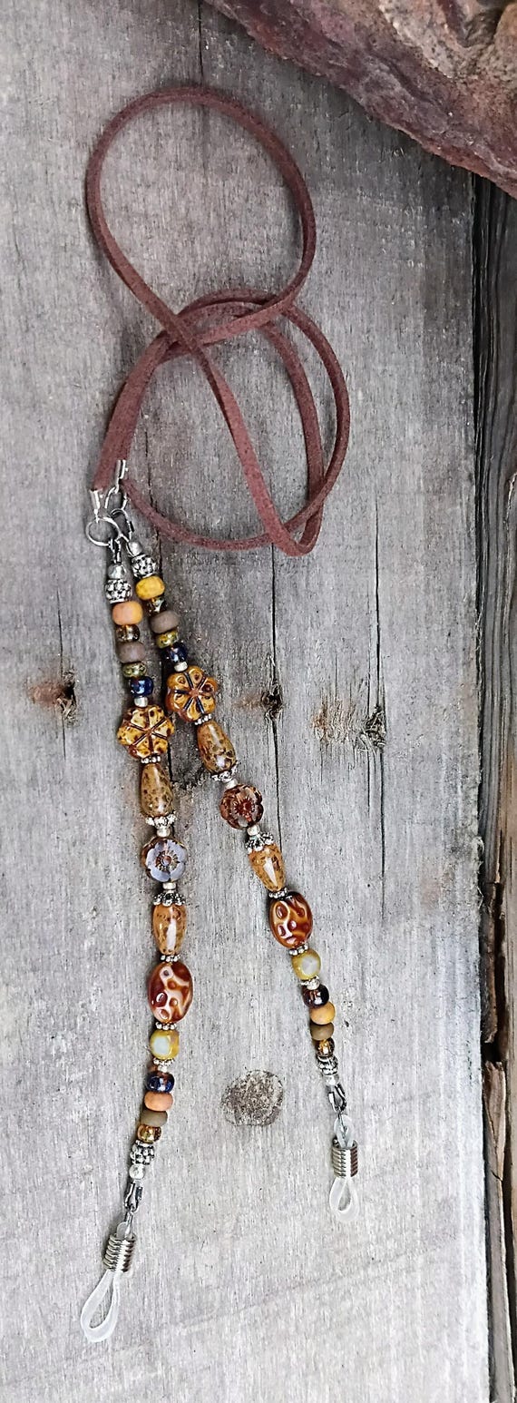 Beaded Eyeglasses Necklace Holder, Czech glass beads, Faux Leather & silver