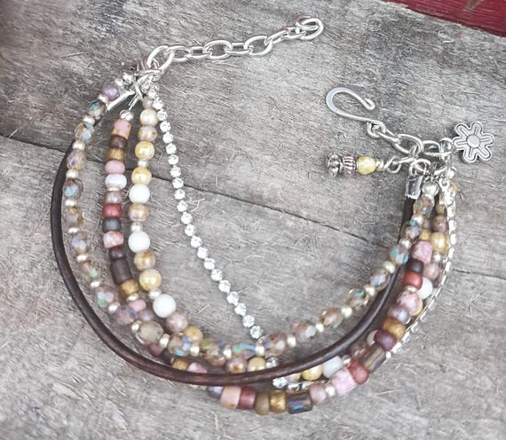 Multi Strand Boho Bracelet, Czech Glass Beads, Leather, Silver Tone, Adjustable Fit
