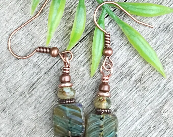 Earthy Square Tile Petite Dangle Earrings, Picasso Finish, Hypoallergenic