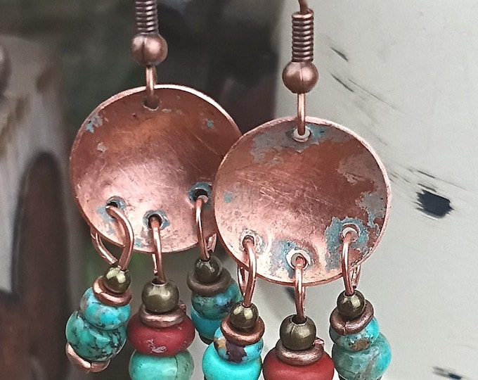 Turquoise, Jasper & Rustic Copper Coin Chandelier Dangle Earrings- Mixed Metal - Hypoallergenic