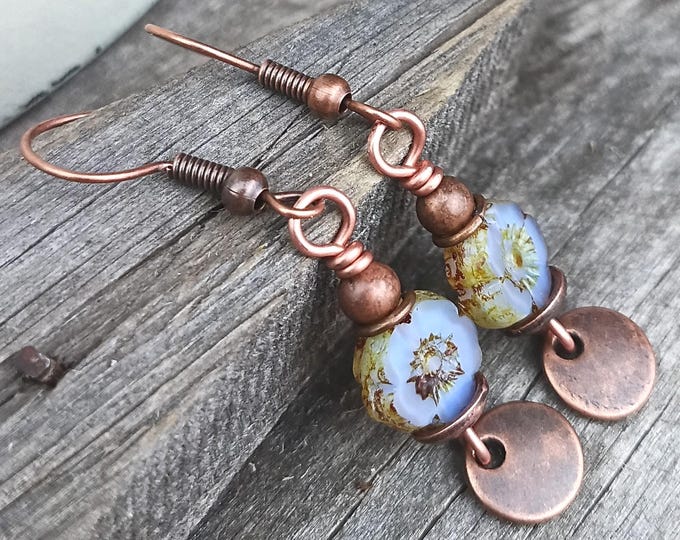 Small Petite Czech Glass Lilac Pansy Flower & Coin Dangle Earrings