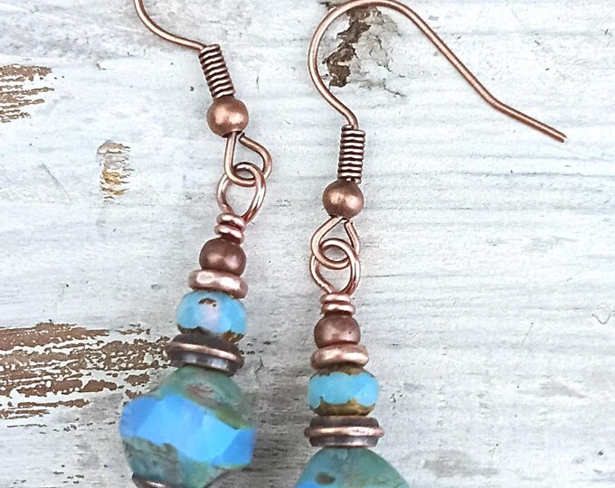 Sky Blue & Copper Dangle Earrings, Hypoallergenic