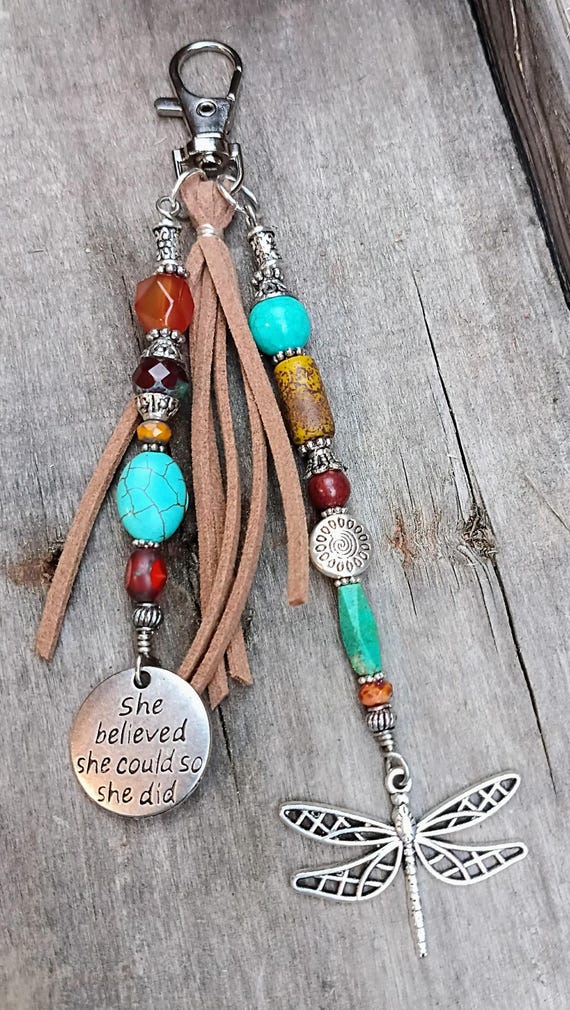 Beaded Keychain zipper pull, Silver Charms, Mix Gemstone and Czech glass beads.