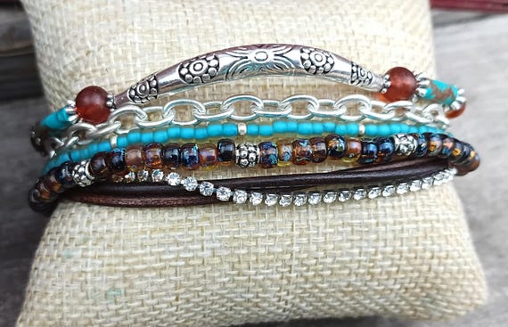 Multi Strand Bohemian Beaded Bracelet, Leather, Rhinestone, Silver Plated Focal (7-8 inch)
