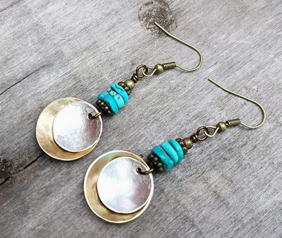 Turquoise Brass and Sterling Silver Coin Dangle Earrings, hypoallergenic ear wires