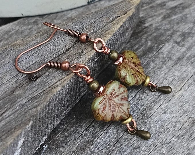 Earthy Green Maple Leaf Czech Glass Earrings - Mixed Metal, Choice of Hypoallergenic Ear Wire