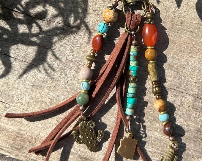 Arizona Beaded Keychain- Turquoise, Mixed Gemstone, Bronze Accents- Bag Charm’s- Handbag Accessory