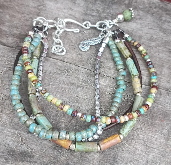 Multi Strand Czech Glass, with Leather, Cup Chain, Earthy, Boho Bracelet. Silver tone, Adjustable.