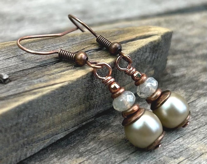 Satin Taupe Czech Glass Pearl Dangle Earring's, Copper Accent's - Choice of Hypoallergenic Ear Wire