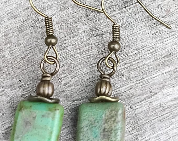 Earthy Green Czech Glass Small Square Bohemian Dangle Earrings - Minimalist - Choice of Hypoallergenic Ear Wires