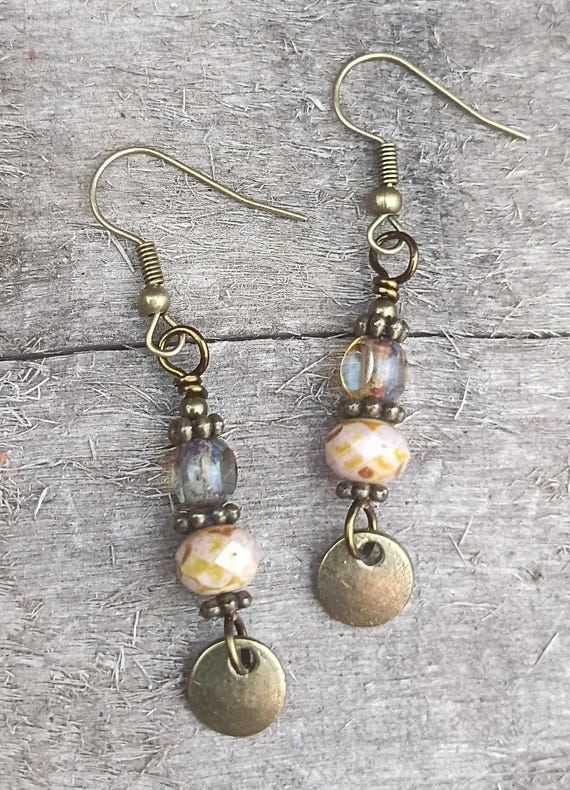 Rosie and Fire Polished Czech Glass with Bronze Coin Dangle, Hypoallergenic ear wires