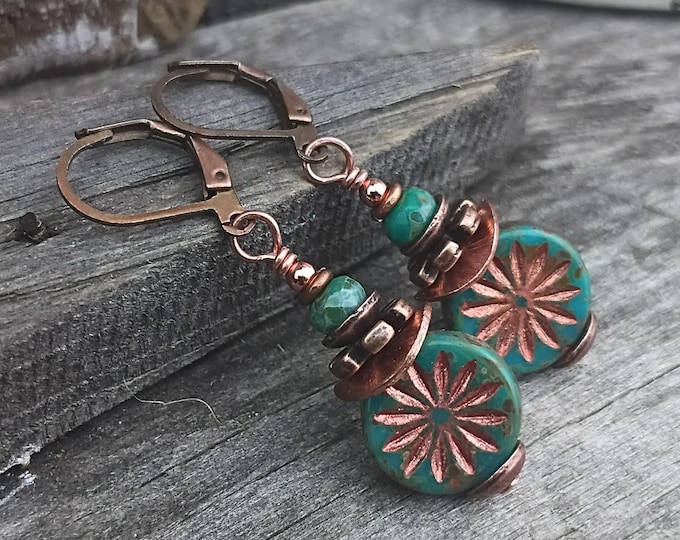 Rustic Earthy Turquoise Green Czech Glass Daisy & Small Dangle Earrings, Chose Ear wire - Hypoallergenic