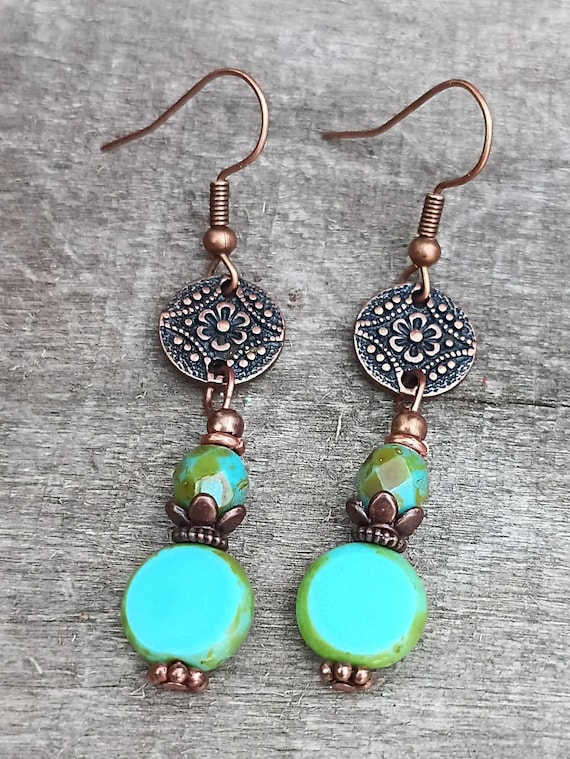 Copper Flower and Czech glass Turquoise green color earrings. Hypoallergenic ear wires