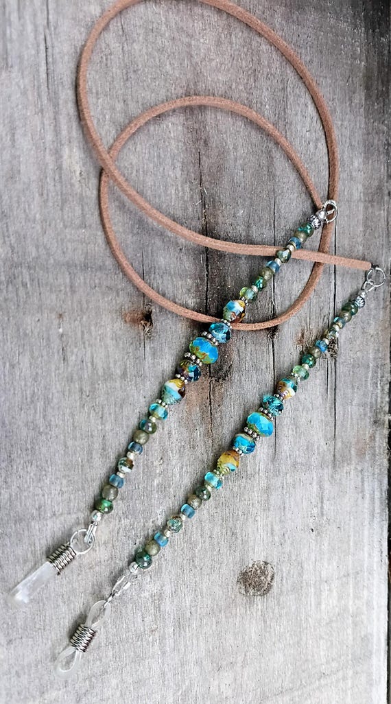Beaded Eyeglasses Necklace Holder, Czech Glass Beads, Faux Leather, Silver Plated