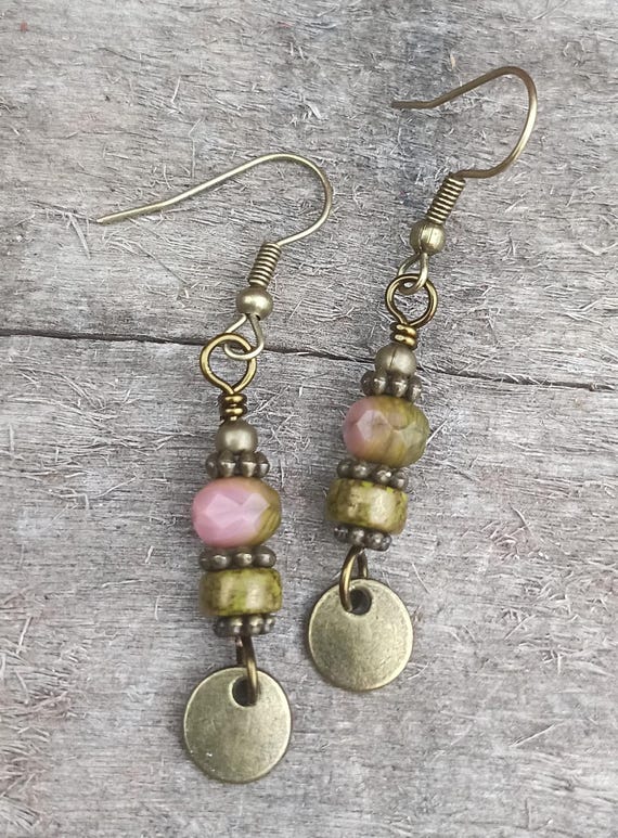 Pink Lichen Czech Glass Dangle Earrings, Bronze Coin Dangle, Hypoallergenic ear wires