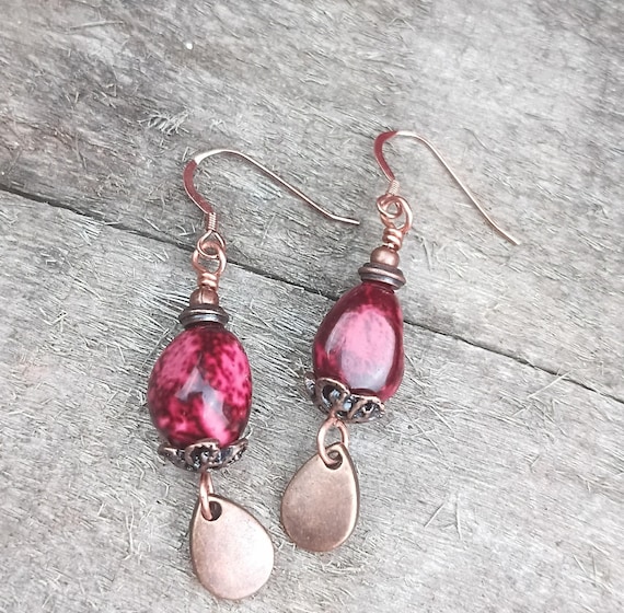 Dahlia Rose Nugget & Copper Teardrop Dangle Earrings, Copper ear wires.