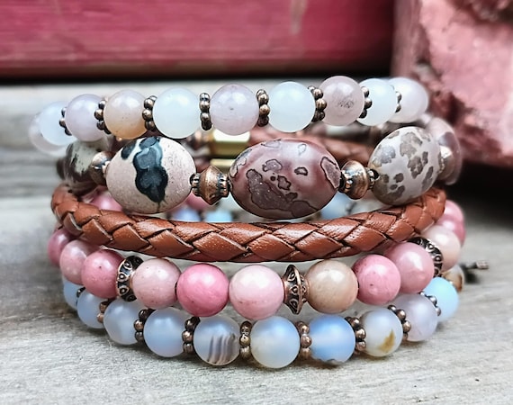 Boho Memory Wire Wrap Beaded Bracelet, Jasper, Purple Berry Quartzite, Copper and Leather