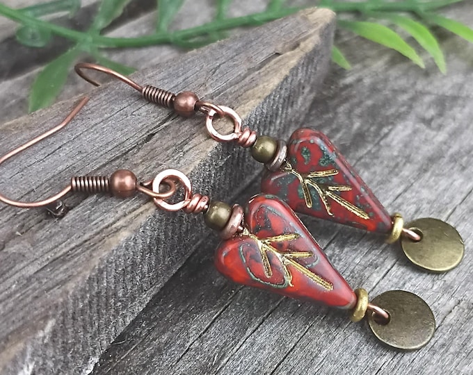 Boho Burnt Orange Czech Glass Heart Leaf Dangle Earrings - Mixed Metal