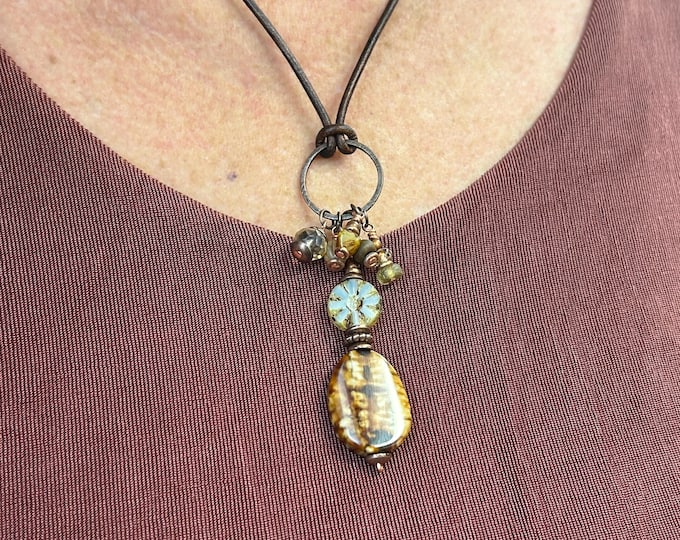 Gemstone & Czech Glass Charm Leather Necklace, Adjustable. Coffee and Cream!
