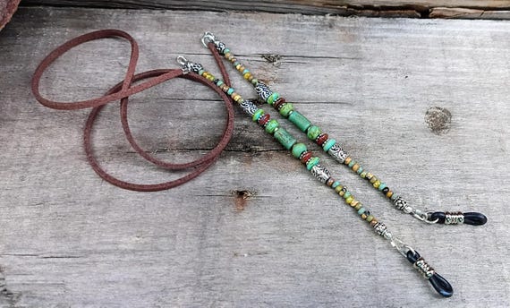 Eyeglasses Necklace holder, Czech glass beads, silver, faux leather