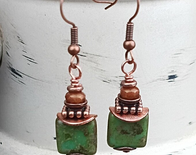 Earthy Green Czech Glass Square Small Boho Dangle Earrings, Copper Accents
