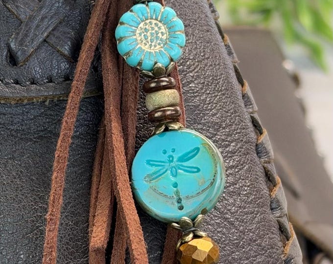 Turquoise Green & Bronzed Amber Dragonfly Beaded Keychain Bag Charm, Minimalist