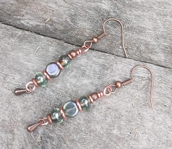 Czech Glass Beaded Earrings, Copper Dangle, Lumi Green