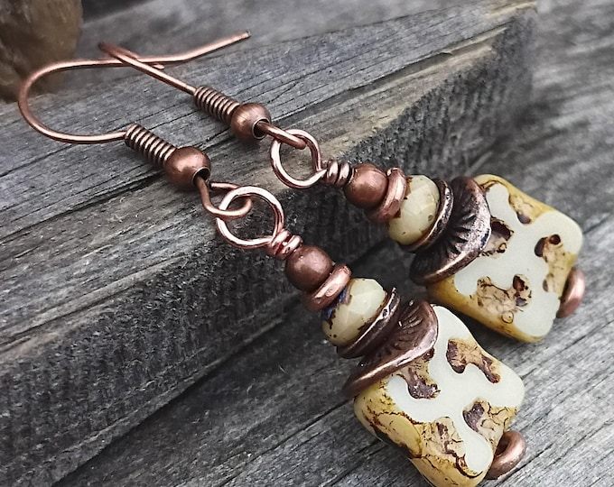 Opaque Beige Carved Square & Copper Accent's Small Dangle Earrings