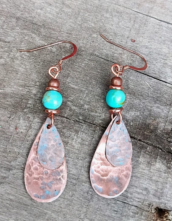 Copper and Patina Copper with Turquoise Teardrop Dangle Earrings.