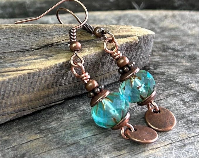 Light Aqua Blue Czech Glass  & Coin Dangle Earrings