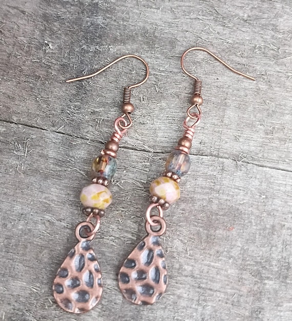 Rosie Tots & Hammered Teardrop Copper Dangle Earrings, Hypoallergenic ear wires