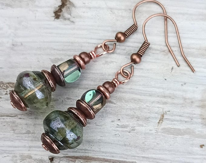 Earthy Pine Green Picasso Glass Dangle Earrings