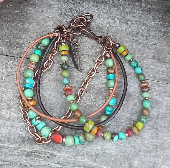 Turquoise and Czech Glass, Multi Strand Bracelet with Leather, Chain, Adjustable
