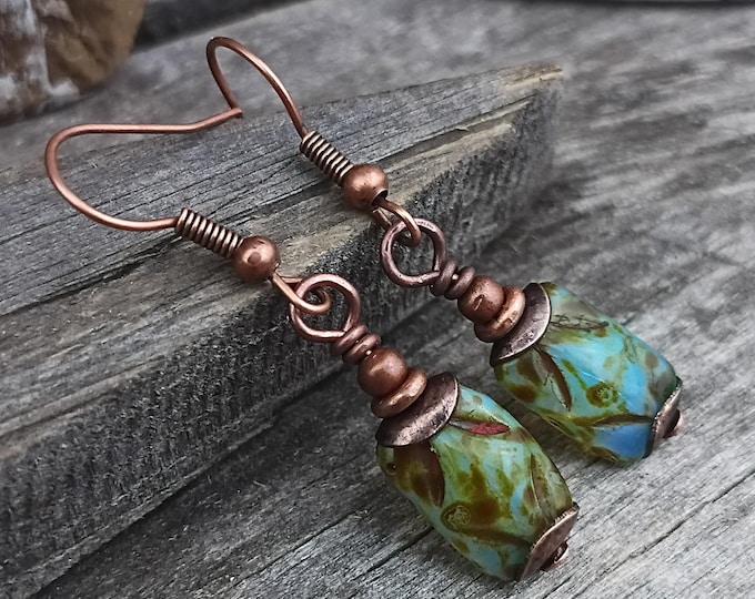 Carved Rectangle Czech Glass Dangle Earrings