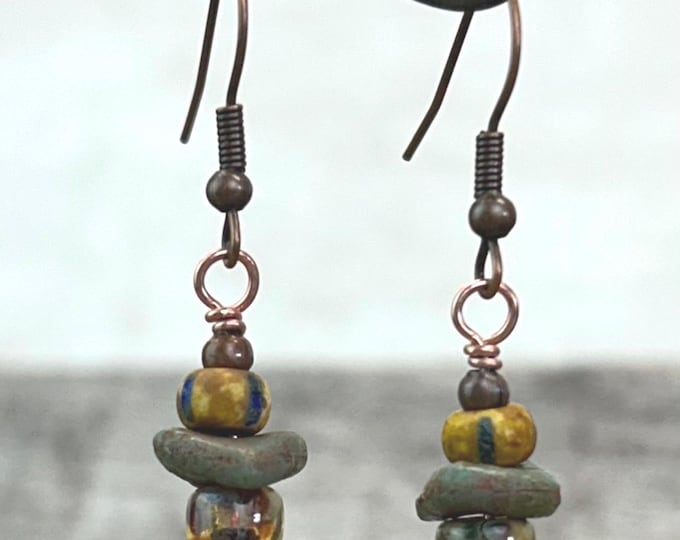 Aged Czech Glass Stacked Bead Petite Dangle Earrings- Chose Ear Wire