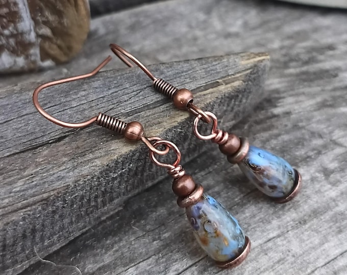 Amber/ Blue Small Teardrop Czech Glass Boho Dangle Earrings - Minimalist