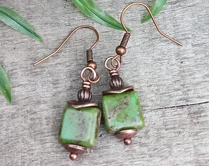 Rustic Green Patina Square Tile Earrings, Copper Accents - Small Earthy Boho Dangle Earrings