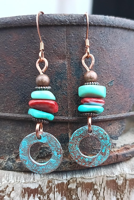 Patina Copper, Turquoise & Spiny Oyster Dangle Earrings