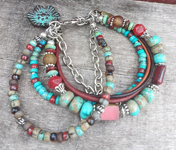 Boulder Creek Turquoise Czech Glass Multi Strand Bracelet, Boho Leather Silver Tone (7-8 inch)
