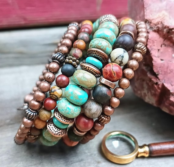 Multi Strand Memory Wire Wrap Bracelet, Boulder Creek Turquoise, Jasper, Copper Boho Style