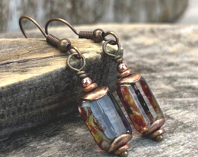 Alexandrite Picasso Czech Rectangle Dangle Earrings