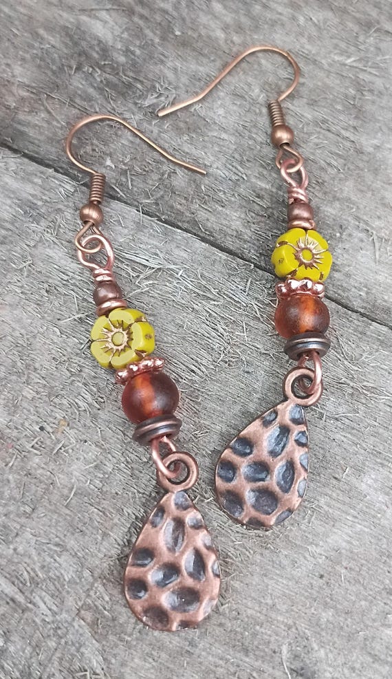 Czech Hibiscus Flower, Baltic Amber with Copper Hammered Teardrop Dangle, Hypoallergenic ear wires