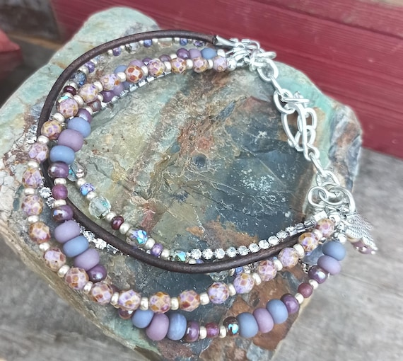 Multi Strand, with Leather Boho Bracelet, Purple Czech Glass, Rhinestone Chain, Butterfly Charm