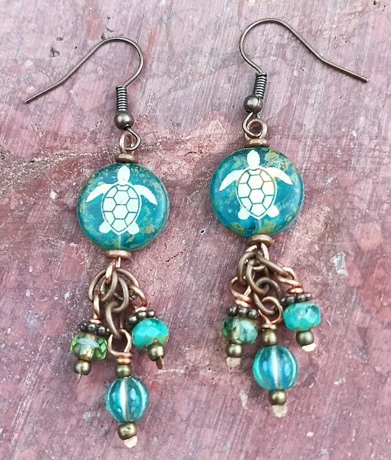 Czech Glass Sea Turtle Coin Dangle Earrings, Copper Earrings