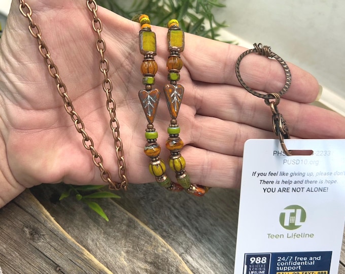 Fall Inspired Czech Glass Beaded ID Badge Lanyard- Burnt Orange, Yellow & Chartreuse