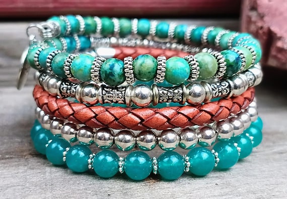 Multi Strand Beaded Bracelet, Lake Blue Chalcedony, Imperial Jasper, Silver Tone with Leather