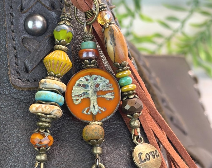 Earthy Czech Glass Tree of Life & Mixed Gemstone Bohemian Beaded Bag Charms