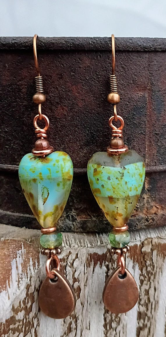 Picasso finish Czech glass Heart Earrings, Copper Teardrop Dangle, hypoallergenic ear wires