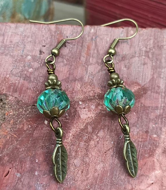 Czech Glass Beaded Earrings, Antique Bronze Leaf Charm, Aqua Picasso Finish